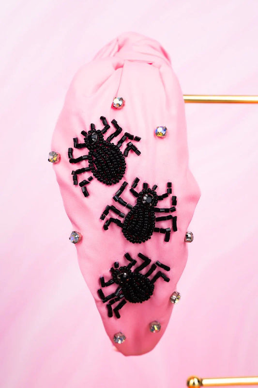 PINK AND BLACK SEED BEAD SPOOKY SPIDER KNOTTED HEADBAND