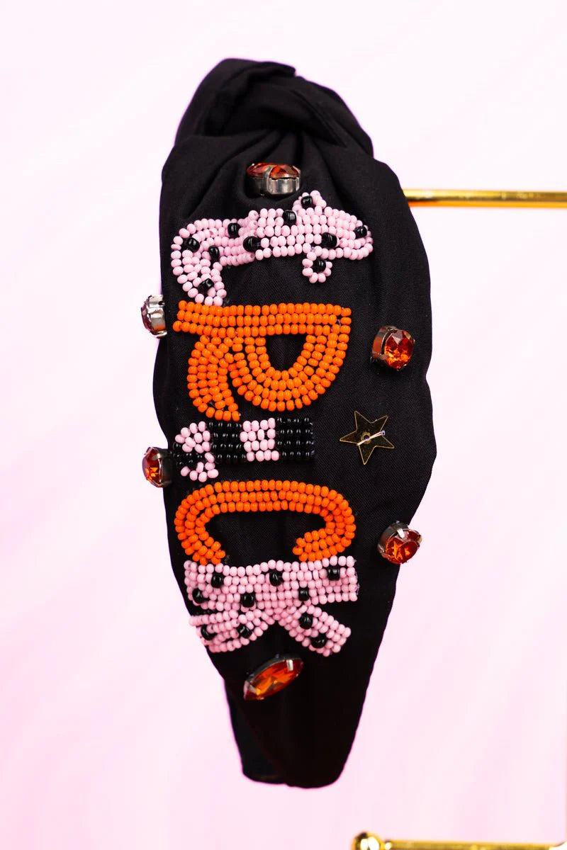 BLACK WITH PINK AND ORANGE SEED BEAD TREAK OR TREAT KNOTTED HEADBAND