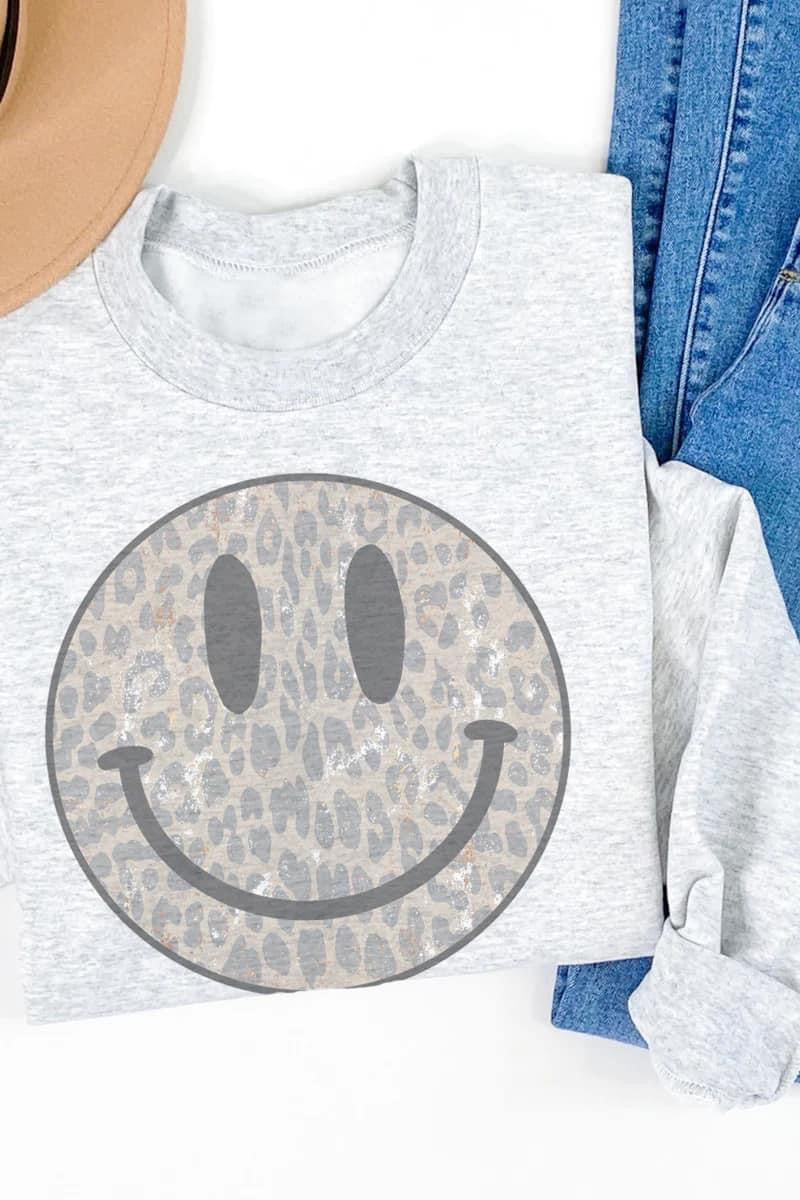 Leopard Happy Face Crew Sweatshirt